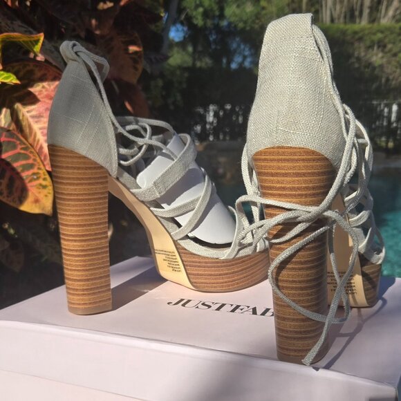 JustFab Cream Lace-Up Block Heels | Size 8.5 | Chic & Comfy - Picture 3 of 8